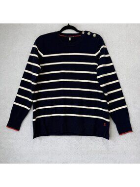 Joules Sweater Womens 8 Blue Stripe Button Shoulder Nautical Knit Pullover